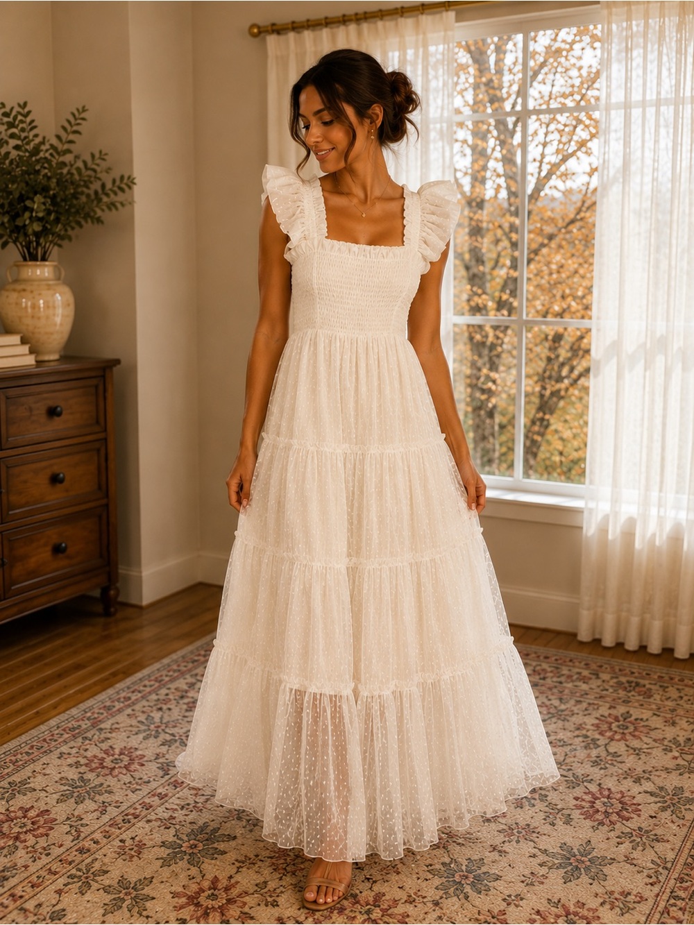 White Ruffled Strap Maxi Dress